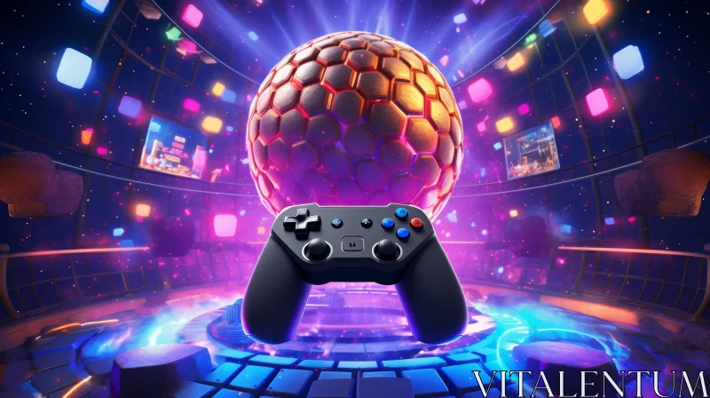 3D Video Game Controller in Arena with Glowing Blue Light AI Image