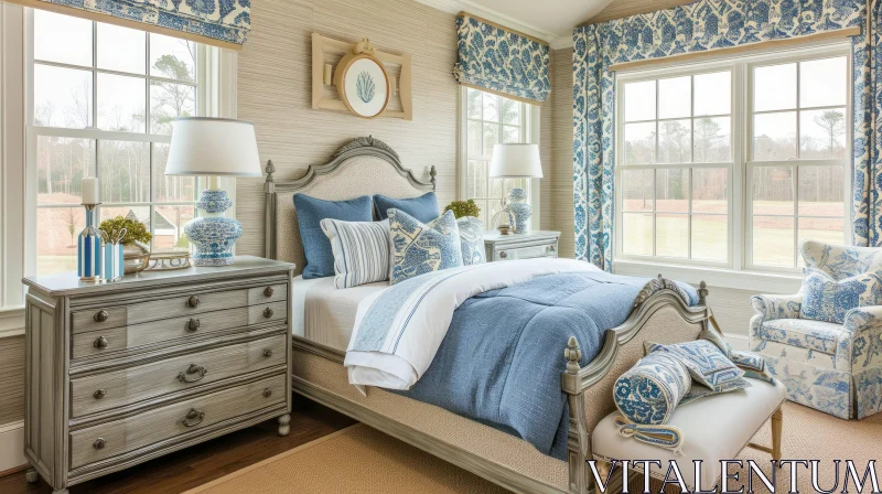 Elegant Blue and White Bedroom Decor AI Image