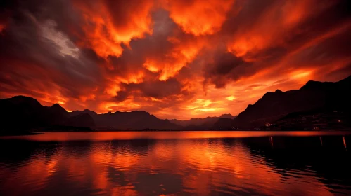 Fiery Red Sunset Over Tranquil Lake - Captivating Nature Photography