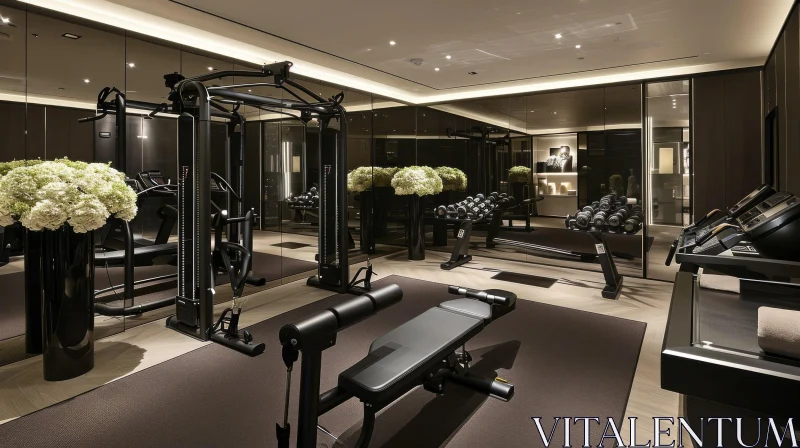 Luxurious Private Gym with Dark Wood Floors and Mirrored Walls AI Image
