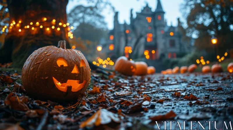 Mysterious Halloween Pumpkin in Front of Spooky Castle AI Image