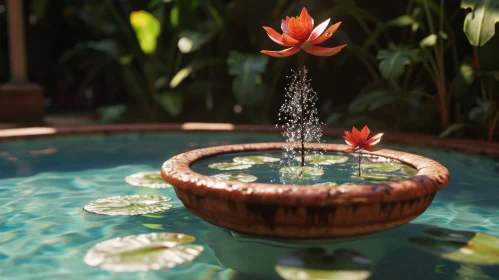 Serene 3D Fountain with Red Water Lilies in a Lush Tropical Garden