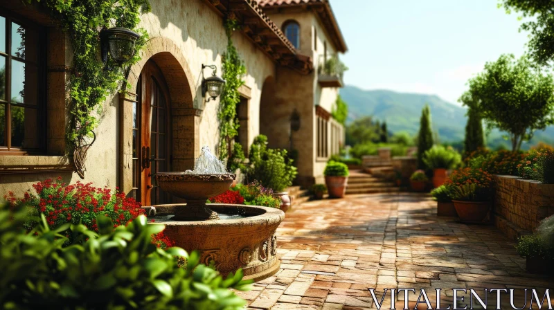 Tranquil Courtyard with Stone Fountain and Arched Doors AI Image