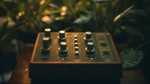 Vintage Synthesizer Close-Up on Wooden Table