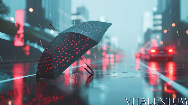 AI ART Black Umbrella with Glowing Binary Code Pattern on Wet Asphalt