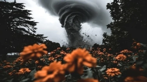 Dark and Stormy Day: Contrast of Tornado and Vibrant Flowers