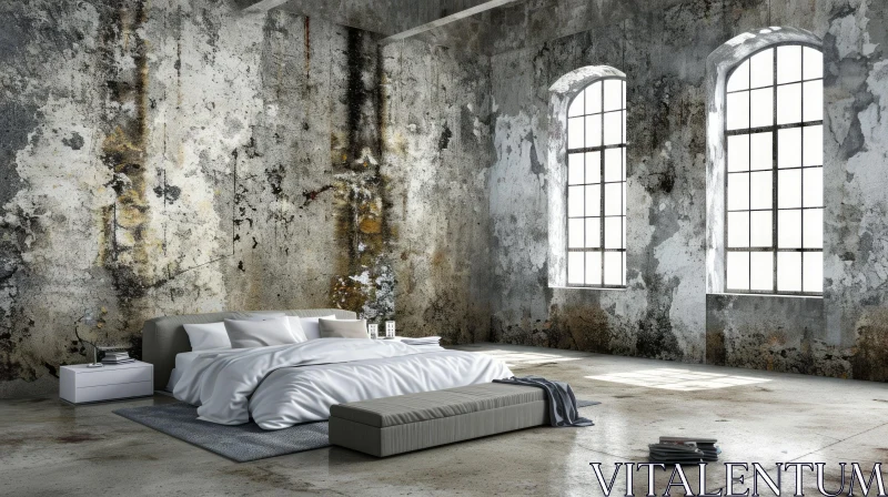 Interior Bedroom with Large Bed and Arched Windows AI Image