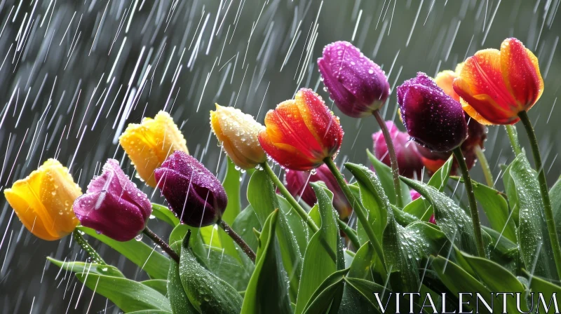 Mesmerizing Tulips in a Rain-Kissed Garden AI Image