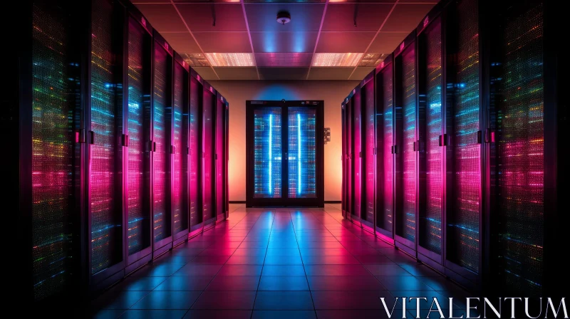 Server Room with Illuminated Racks and Reflective Floor AI Image