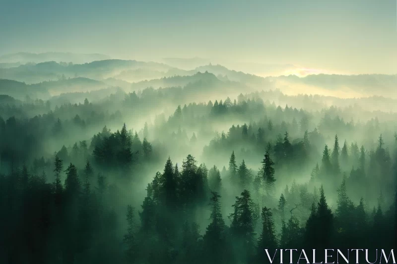 AI ART Captivating Foggy Forest Landscape in Light Green and Emerald
