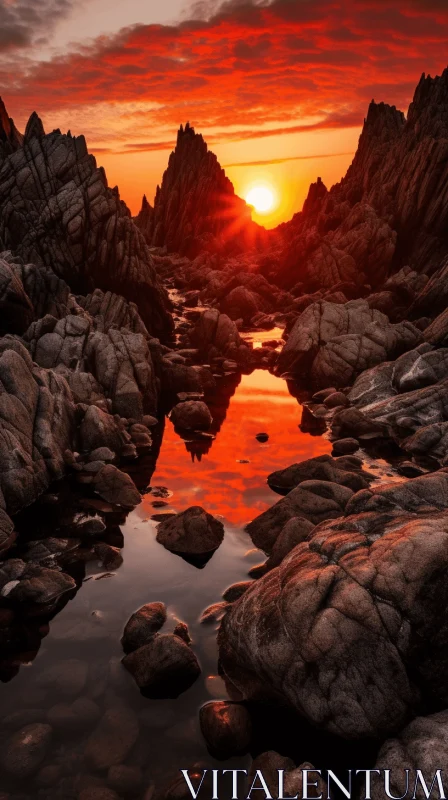 Captivating Nature Photography: Red and Orange Sky with Waves and Rocks AI Image