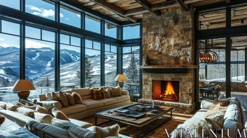 Cozy Living Room with Stone Fireplace and Snowy Mountain View AI Image