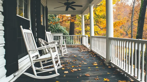 Cozy Porch with Rocking Chairs in Autumn Forest
