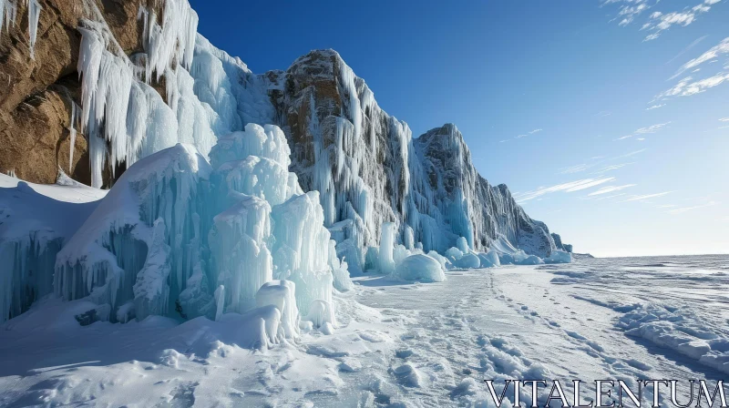 Enchanting Winter Landscape: Majestic Ice Cave and Snow-Covered Mountains AI Image