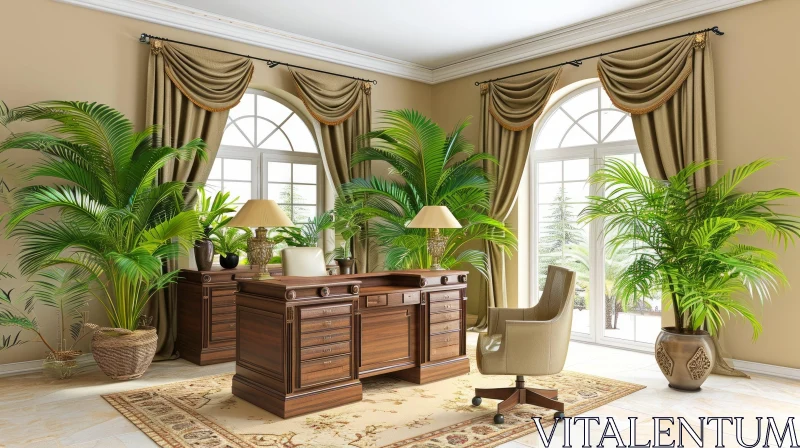 Luxurious Home Office with Wooden Desk and Potted Plants AI Image