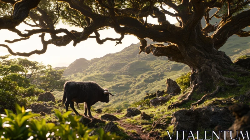 Majestic Landscape with Old Tree, Mountain, and Bull AI Image