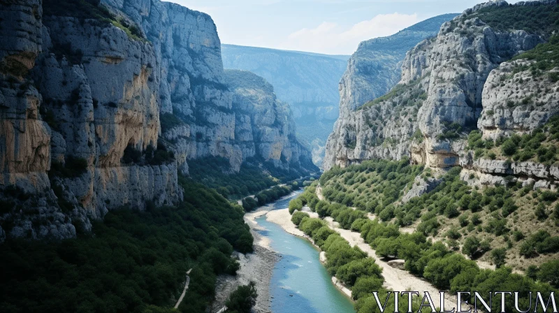 River Flowing Through a Majestic Canyon in France - Sustainable Architecture and Historical Imagery AI Image
