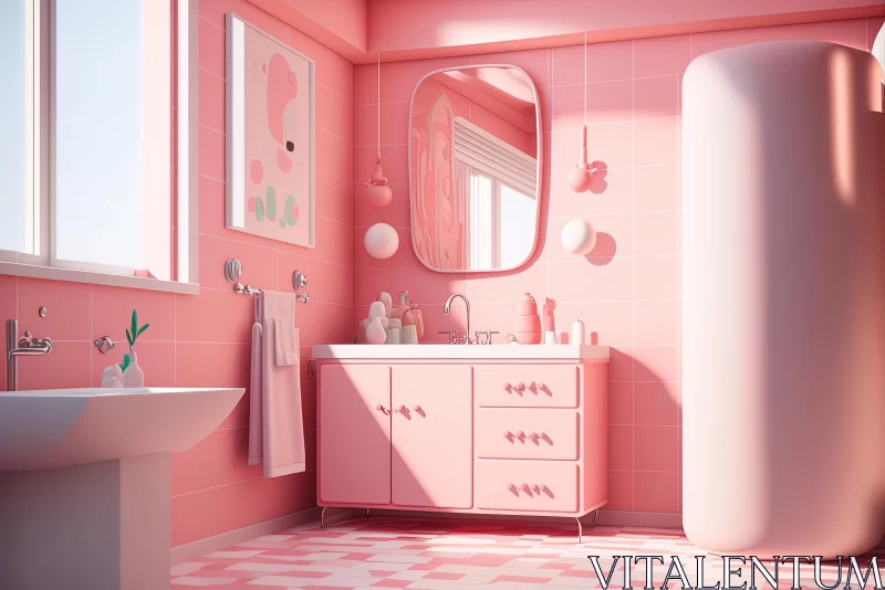 Vibrant Pink Bathroom with Retro Charm - Hyper-Detailed Rendering AI Image