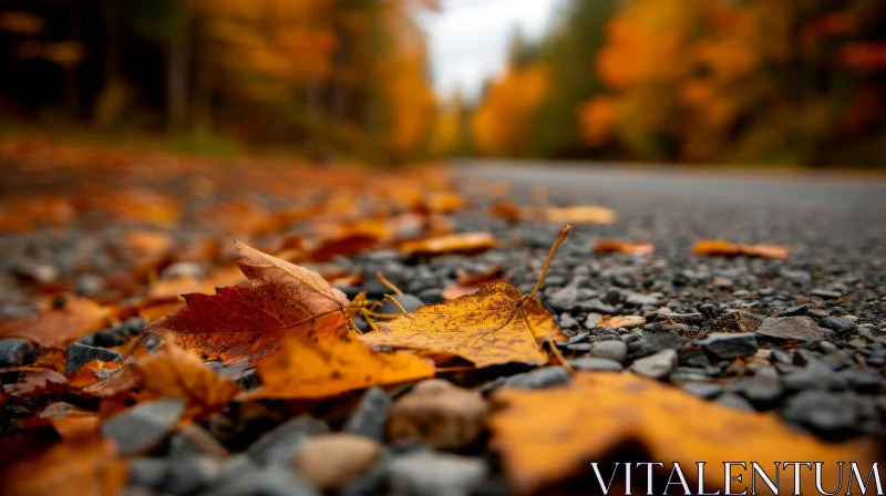 Autumnal Beauty: Fallen Orange Maple Leaves on Asphalt Road AI Image