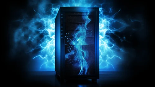 Dark and Mysterious Computer Case with Blue Glow and Flames
