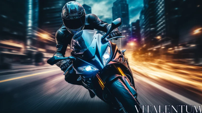 Night City Motorcyclist Riding Black Blue Sport Motorcycle AI Image