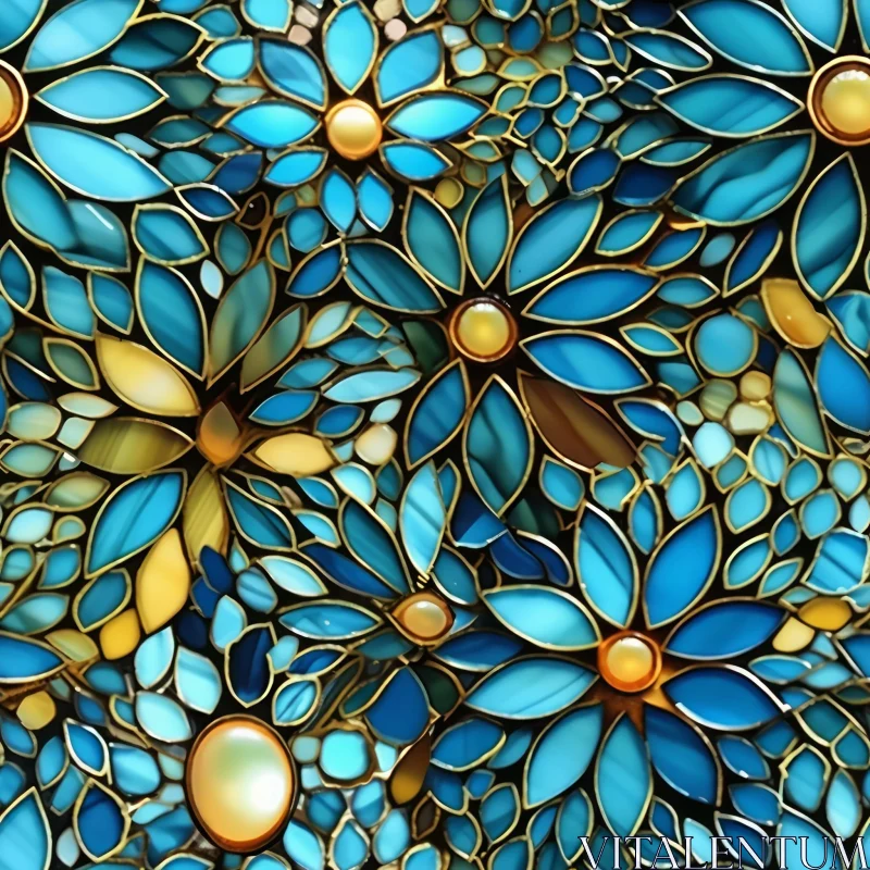 AI ART Stained Glass Effect Blue and Yellow Flower Mosaic Pattern