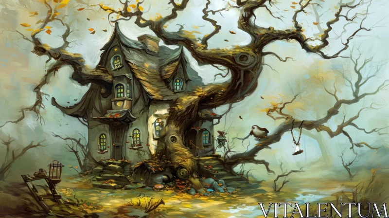Whimsical Treehouse in Nature | Enchanting Digital Painting AI Image