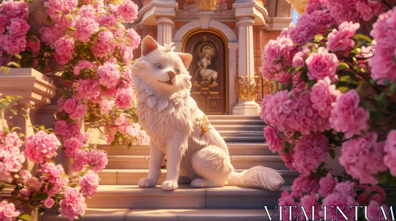 White Cat on Stairs: 3D Rendering with a Romantic Feel AI Image