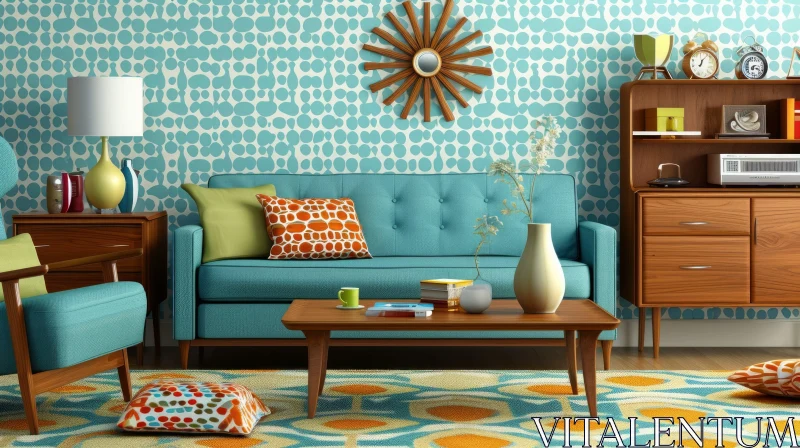 AI ART Charming Retro Living Room with Blue Sofa and Brown Coffee Table