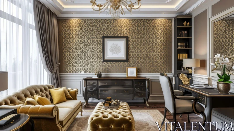 Luxurious Classic-Style Living Room with Dark Wood Furniture and Gold Accents AI Image
