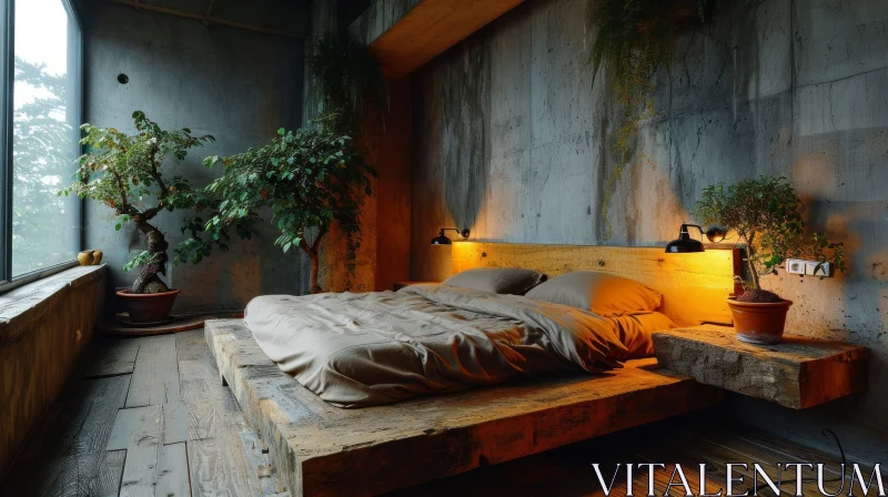 Minimalist Bedroom with Wooden Bed and Plants - Rustic Industrial Style AI Image