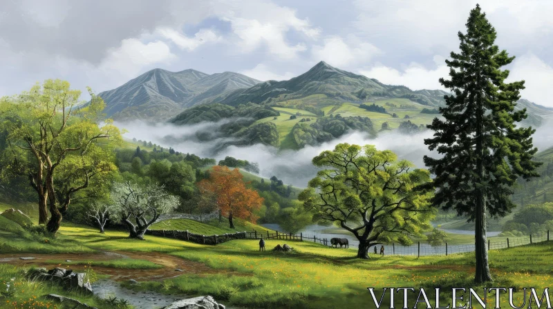 Scenic Landscape with Mountain, Field, and River AI Image