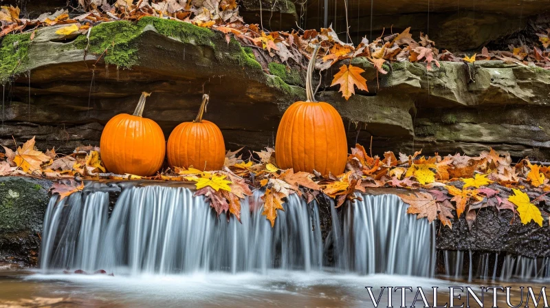Tranquil Nature Scene: Pumpkins on Rock in Waterfall AI Image