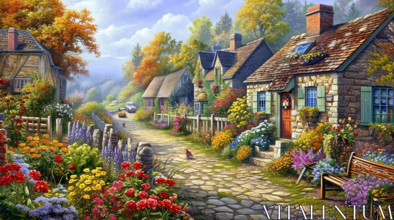 Captivating Village Street Painting with Colorful Flowers AI Image