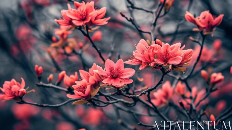 Close-Up of Flowering Tree Branch with Delicate Pink Blossoms AI Image