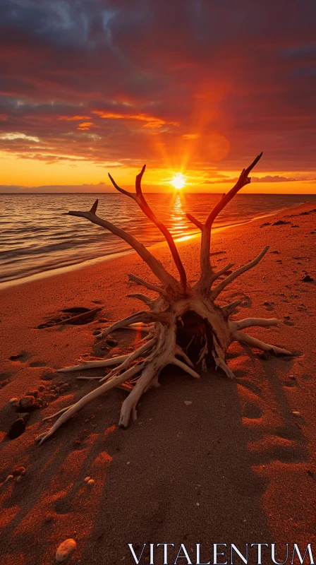 Enchanting Sunrise: Dried Tree on a Beach - Captivating Nature Photography AI Image