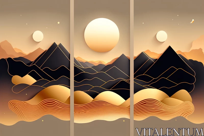 Golden Mountains and Sun in Surreal 3D Landscapes - Linear Illustrations AI Image