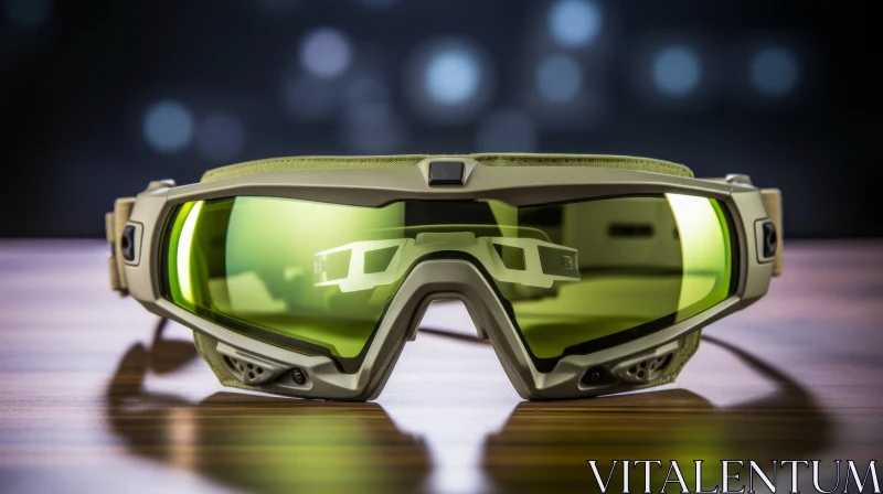 Green Military-Style Goggles on Wooden Table AI Image