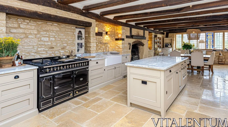 Rustic Kitchen with Exposed Stone Walls and Wooden Beams AI Image
