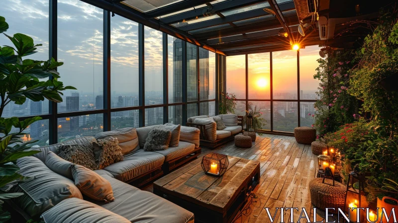 Tranquil Sunset View from Rooftop Terrace | Cityscape Skyline AI Image