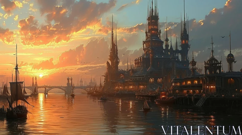 Enchanting Fantasy Cityscape: River, Mountains, and Sunset AI Image