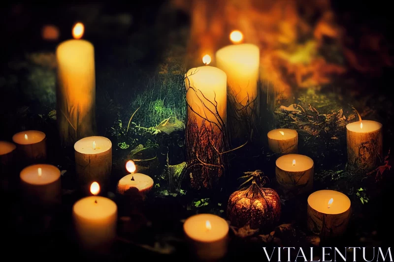 Mystic Forest of Candles and Pumpkins | Enigmatic Artwork AI Image