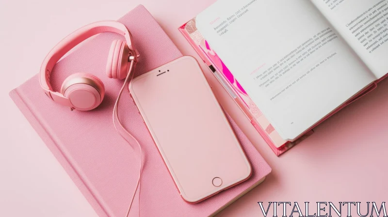 Pink iPhone, Headphones, and Book: A Delightful Composition AI Image