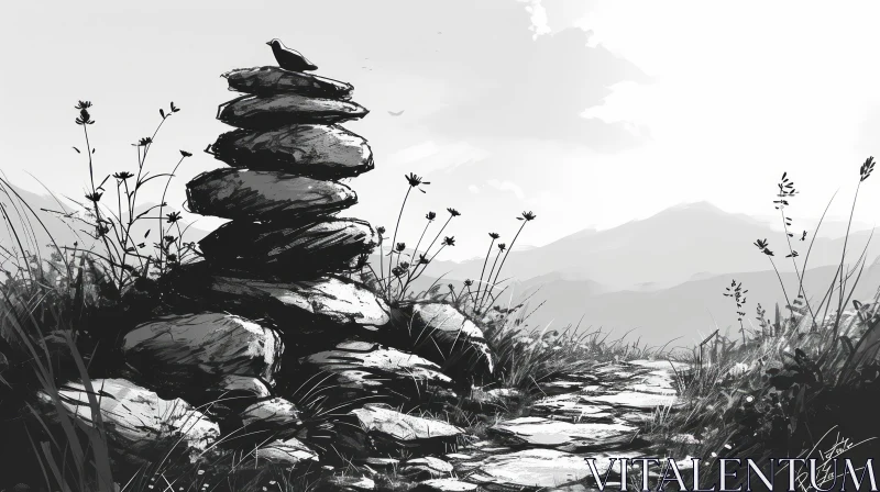 Serenity of a Cairn: Black and White Digital Painting AI Image