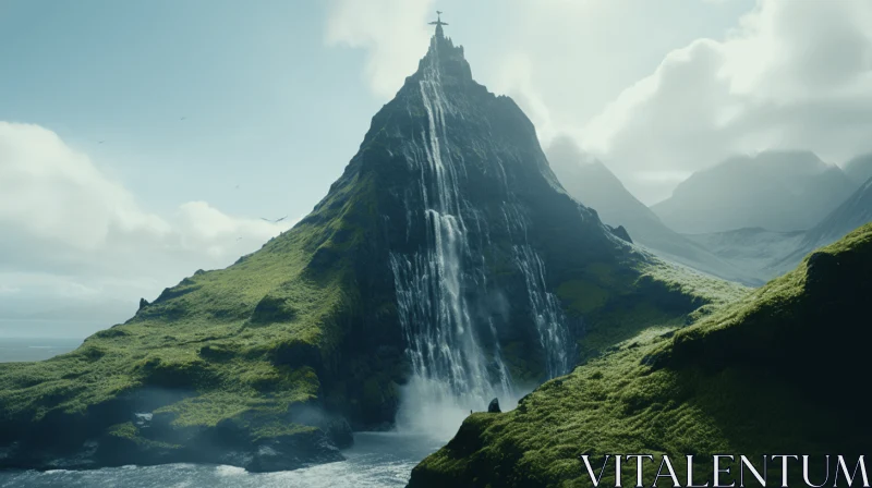 A Majestic Mountain Waterfall Scene with Cinematic View AI Image