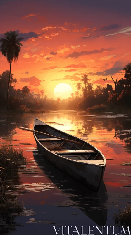 AI ART Captivating Sunset Boat in River: Enigmatic Tropics Concept Art