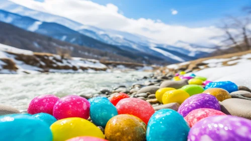 Colorful Easter Eggs on Mountain River Bank | Festive Illustration