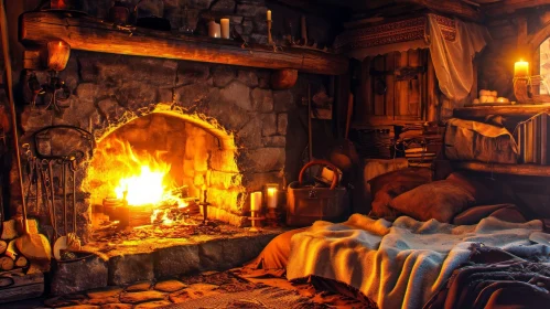 Cozy Medieval House Interior with Fireplace and Candlelight