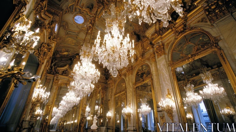 Luxurious Hall with Opulent Chandeliers and Mirrors AI Image