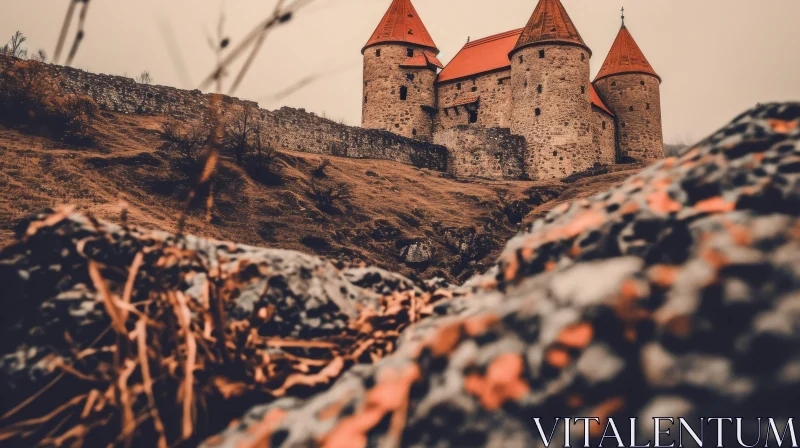 Majestic Medieval Castle: Gray Stone, Three Towers, and Crenulated Walls